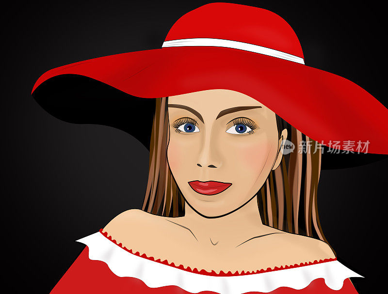 一个女人的肖像在一个红色的连衣裙和帽子。