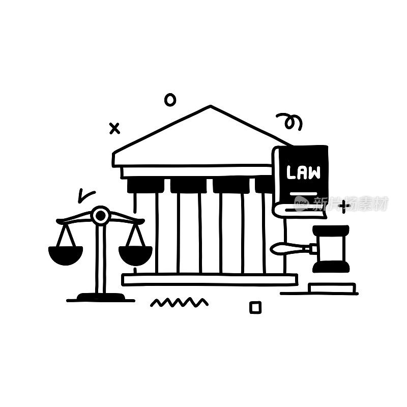 法律和法律服务相关设计与线条图标。犯罪，法庭，法官，律师。