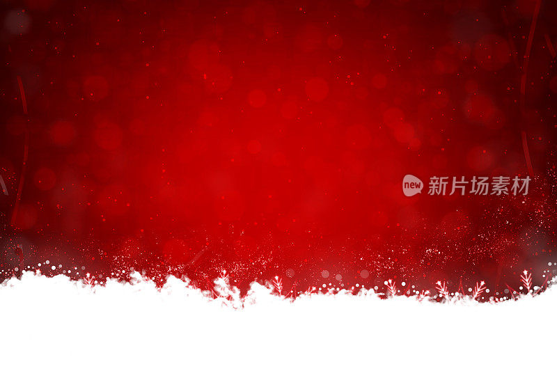 白色褶边的雾或烟或雪雪花和空灵的闪光点在圣诞主题在底部一个充满活力的暗栗色红色水平闪光节日圣诞背景和雪花床单在底部