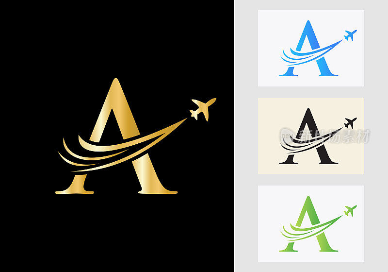 字母A旅行标志概念与飞行的飞机符号