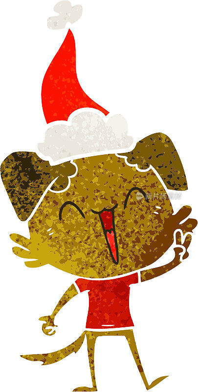 快乐的小狗手画复古卡通戴着圣诞老人的帽子