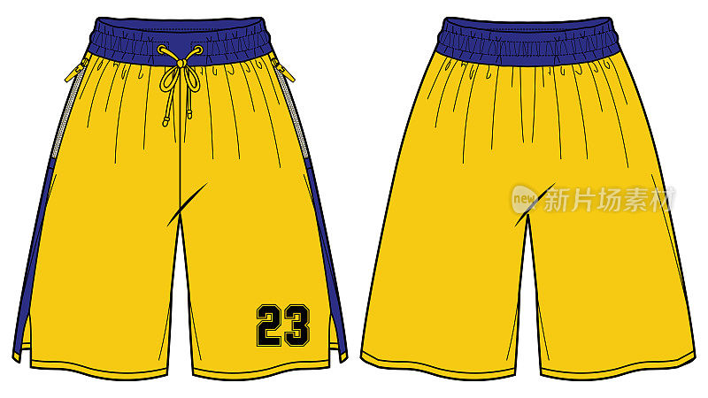 篮球短裤球衣设计平面草图插图，宽腿拳击短裤概念与前面和后面的看法。超大活动服短裤设计。