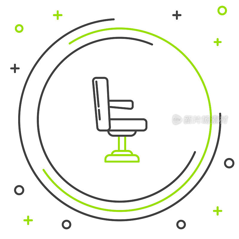 黑色和绿色线条理发店的椅子图标孤立的白色背景。理发师扶手椅标志。色彩缤纷的轮廓概念。矢量图