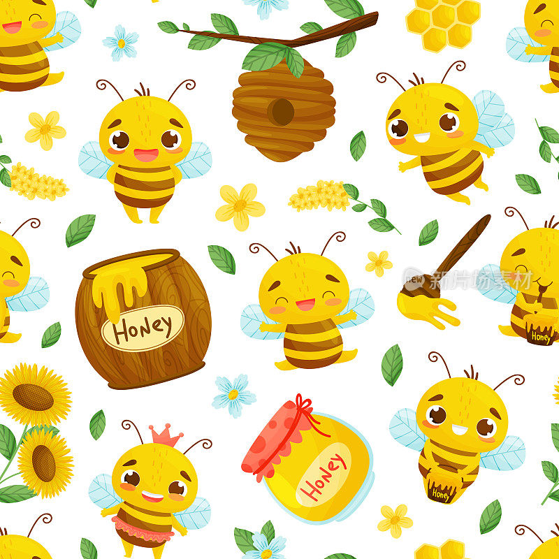 可爱的蜜蜂无缝图案设计与繁忙的昆虫和天然甜食矢量模板