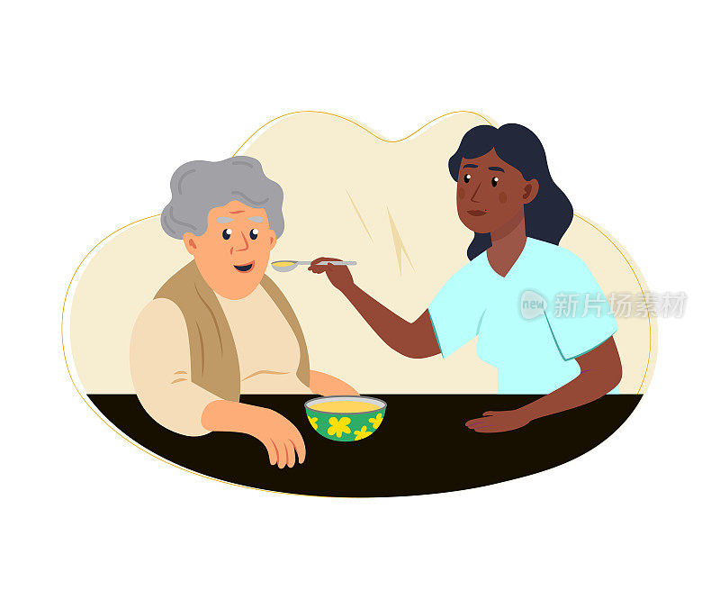 护理和喂养老年人。关爱、支持老年老人理念。护工志愿者，帮助老奶奶用勺子吃饭。平面矢量插图隔离在白色背景股票插图上
