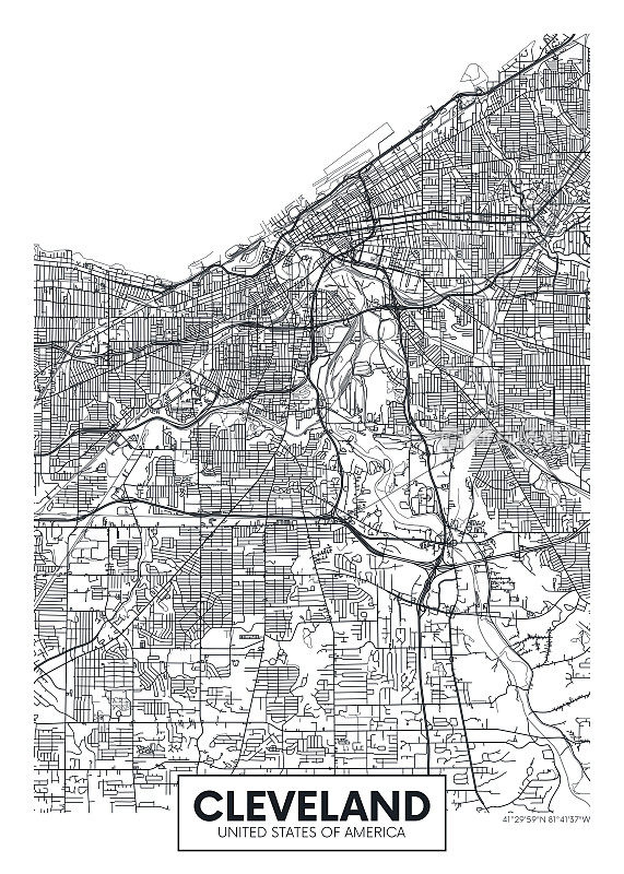 城市地图克利夫兰，城市规划旅行矢量海报设计