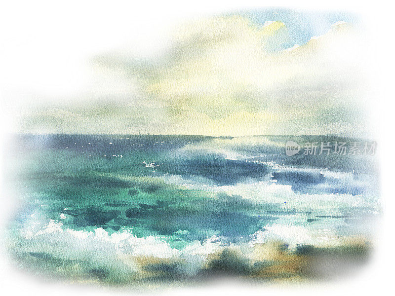 水彩画大海背景，海浪。手绘画。