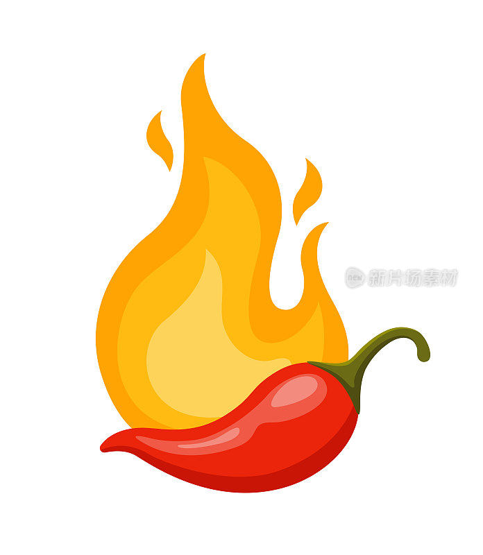 辣椒和火。炽热燃烧的火焰和红辣椒孤立在白色的背景。矢量插图的餐厅设计或辛辣的食物菜单。