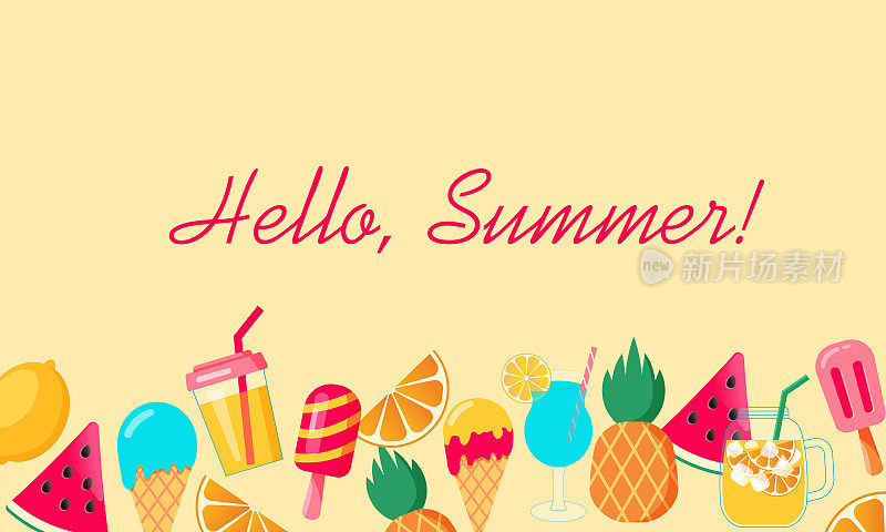 你好，夏天的横幅，西瓜，橙子，饮料，鸡尾酒，柠檬和樱桃。