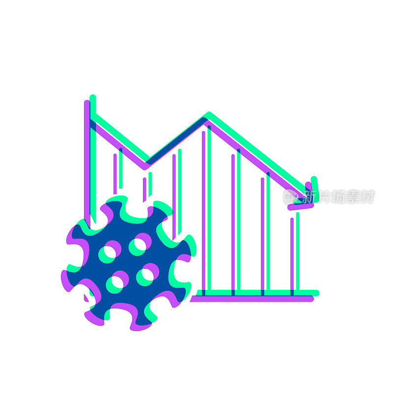 冠状病毒细胞下降图。图标与两种颜色叠加在白色背景上