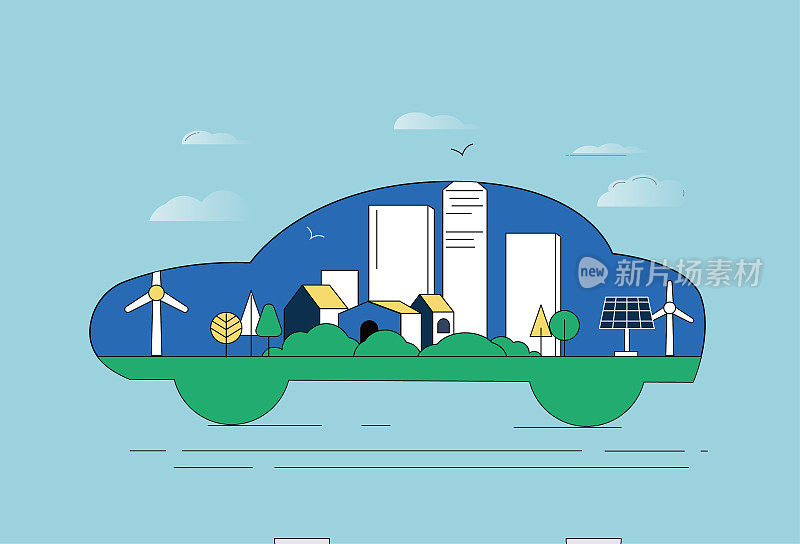 风力涡轮机，房屋，光伏板，汽车。新能源汽车与环境与气候保护概念图。