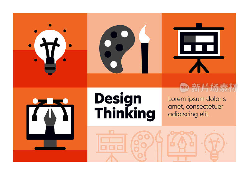 设计思维线图标集和横幅设计。