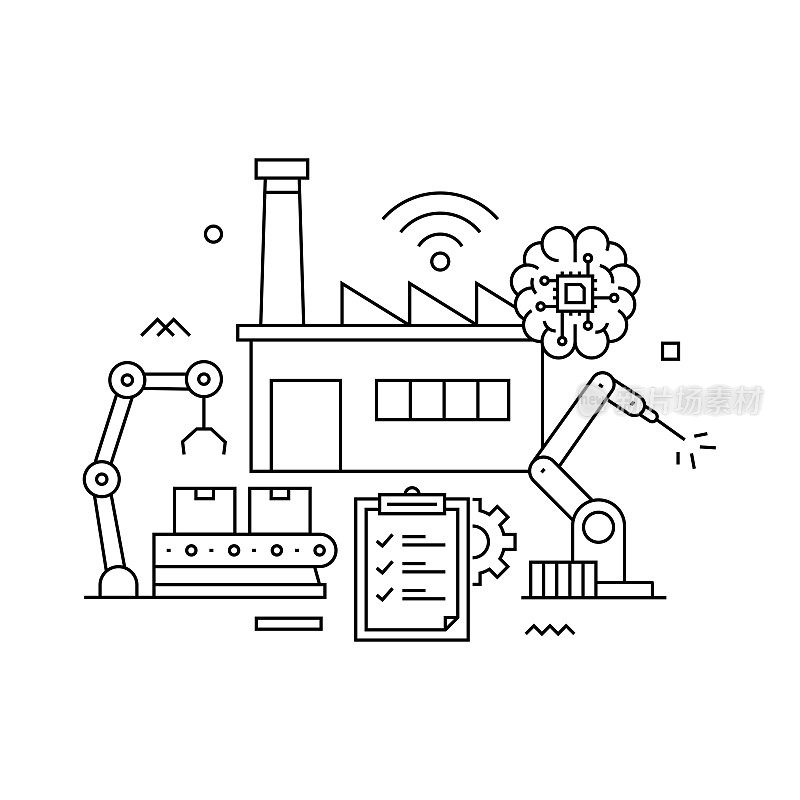 矢量集插图工业4.0概念。线条艺术风格的背景设计，网页，横幅，海报，印刷品等。矢量插图。
