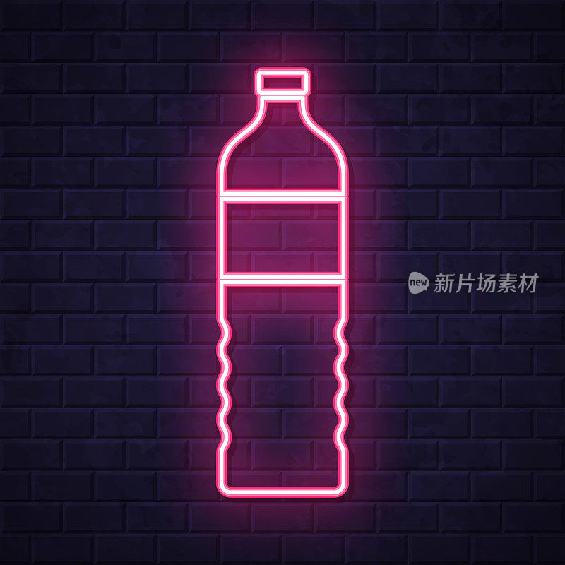 一瓶水。在砖墙背景上发光的霓虹灯图标