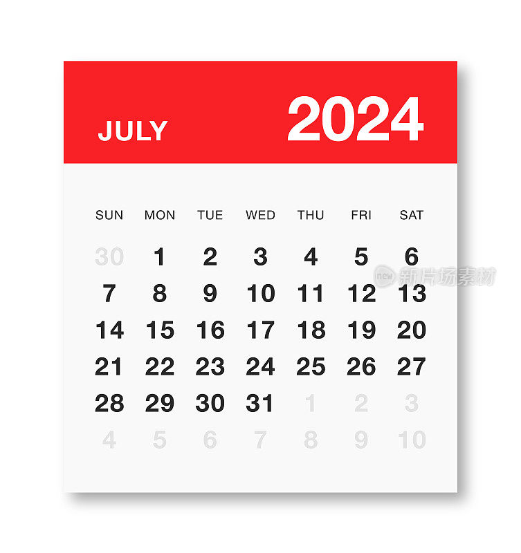 每月2024年7月日历星期日开始