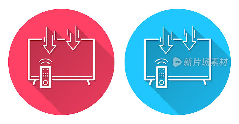 发送到电视。圆形图标与长阴影在红色或蓝色的背景