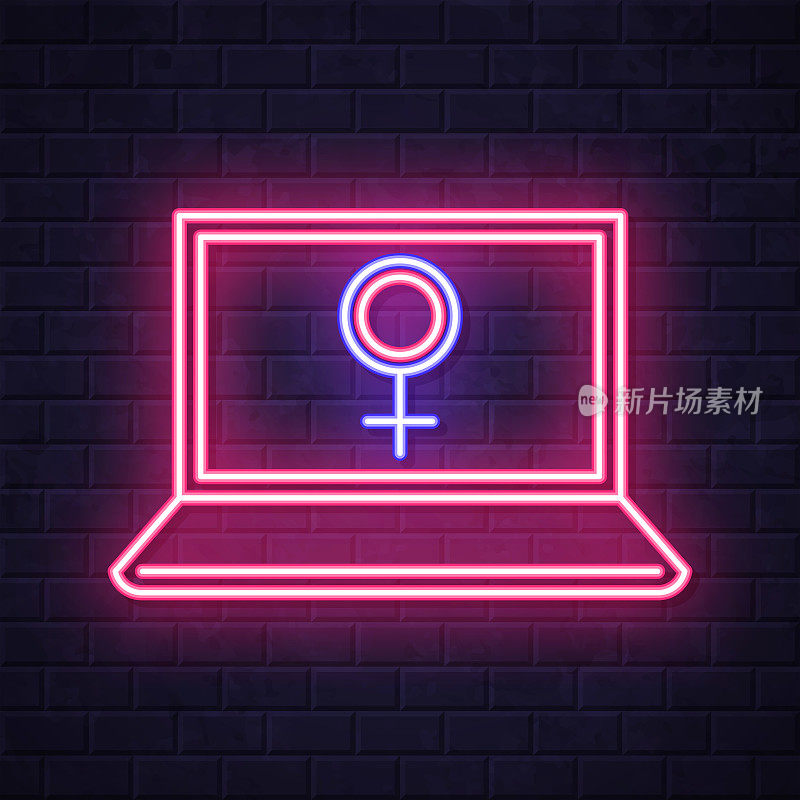 带有女性标志的笔记本电脑。在砖墙背景上发光的霓虹灯图标