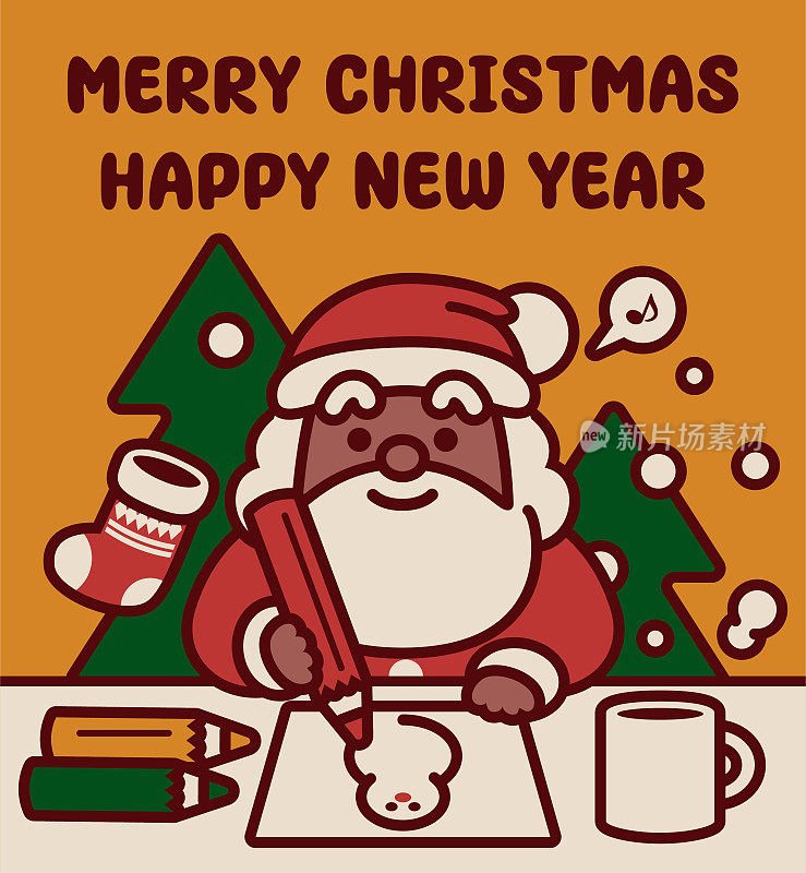 可爱的黑色圣诞老人坐在书桌前，在圣诞卡上画一个雪人，祝你圣诞快乐，新年快乐