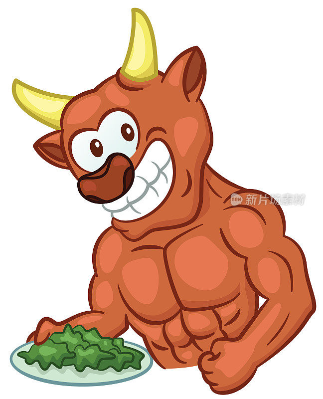 肌肉发达的公牛配一盘蔬菜