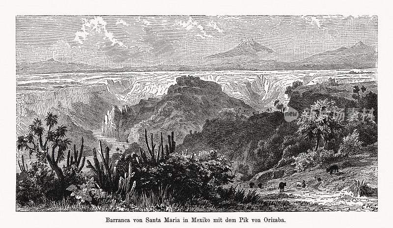 圣巴兰卡María和西特拉尔塔火山，墨西哥，木刻，1894年出版