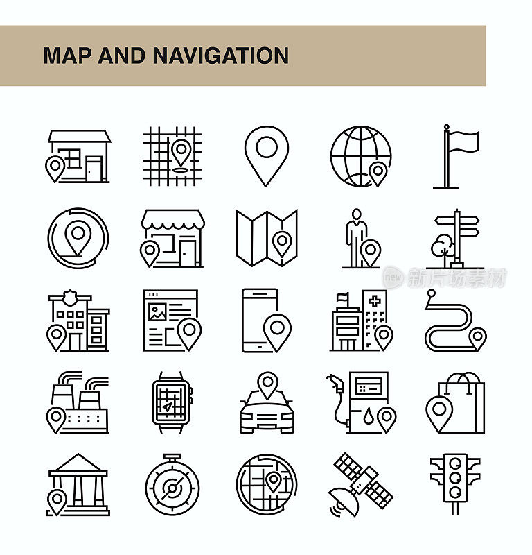 地图和导航细线矢量图标集。设计是可编辑的，颜色可以改变。矢量集的创意图标:导航，地图，Gps，位置，地址