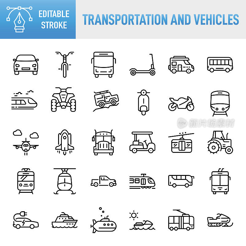 交通和车辆-细线矢量图标集。像素完美。可编辑的中风。移动和Web。该套包含图标:交通工具，运输方式，公共汽车，汽车，火车-车辆，飞机，公共交通工具，摩托车，缆车
