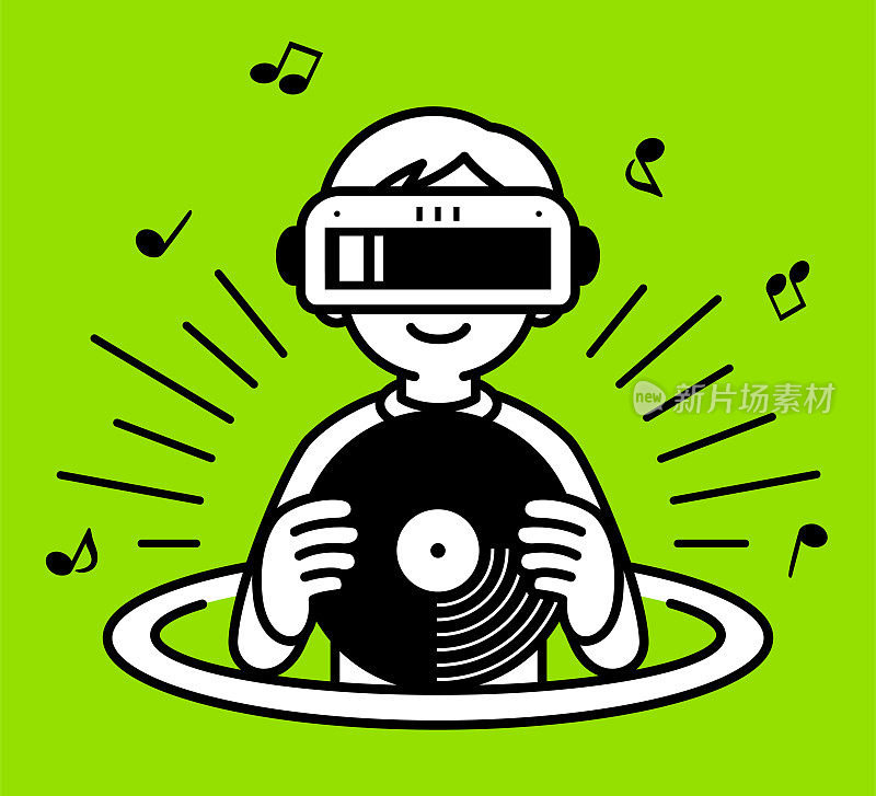 一个戴着虚拟现实耳机或VR眼镜的男孩从虚拟洞里蹦出来,进入虚拟世界,拿着黑胶唱片,听着音乐,看着观众,极简风格,黑白轮廓