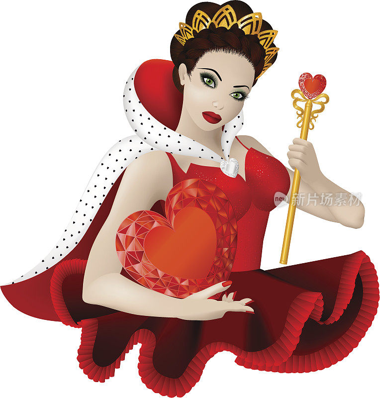 一个穿着红心皇后服装的女人的数字插图