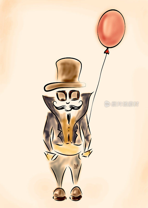 一个戴着帽子和气球的男人的插图