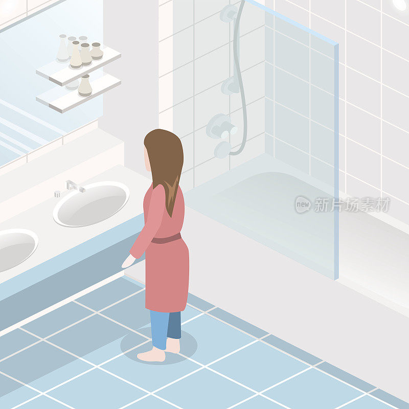 浴室内部的等距平面3D。