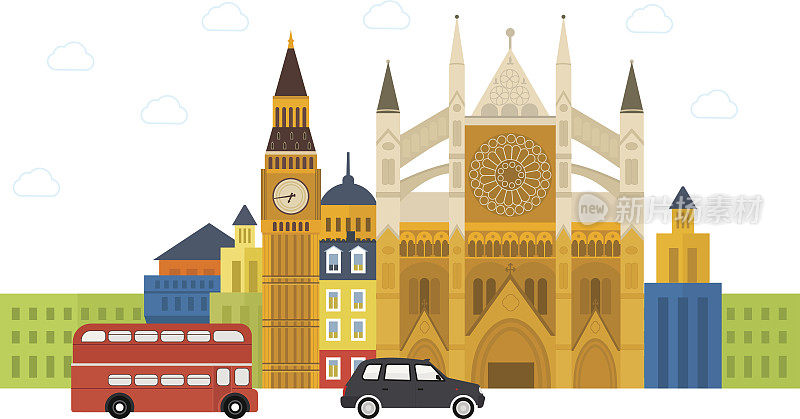 英国伦敦平面图标设计旅游概念。伦敦旅行。