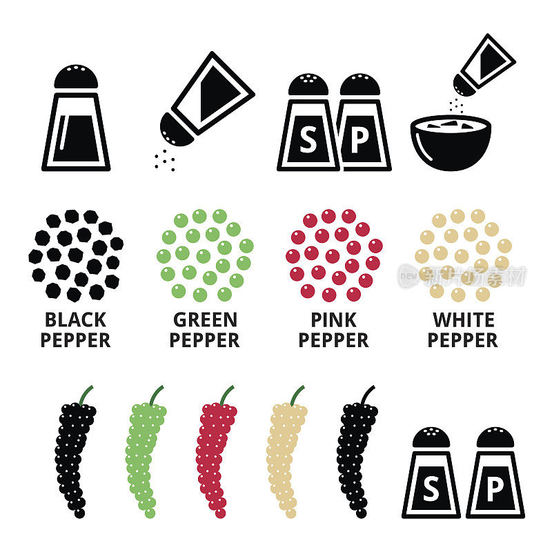 香料图标-黑胡椒，红色，绿色和白色的设计