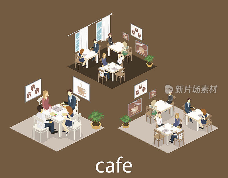 咖啡店内部的等距空间。平面三维等距设计室内咖啡厅或餐厅。人们坐在桌子旁吃饭。
