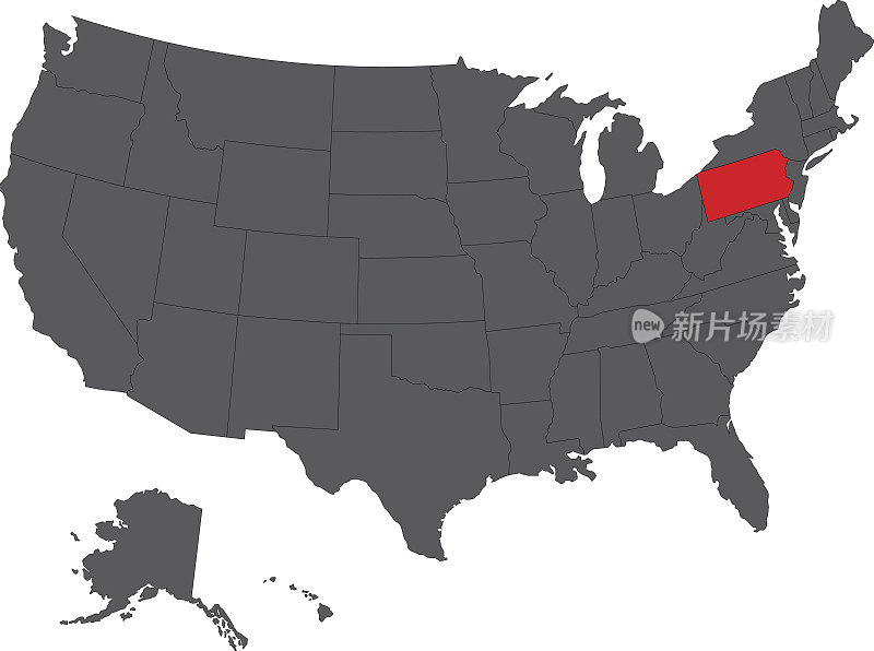 宾夕法尼亚州红色地图上的灰色美国地图矢量