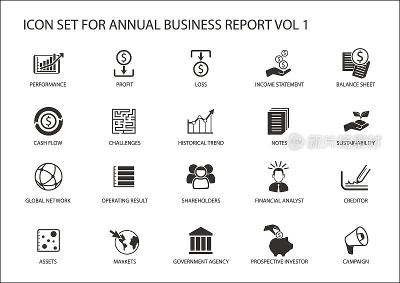 简单的平面设计业务图标，用于公司年度业务报告