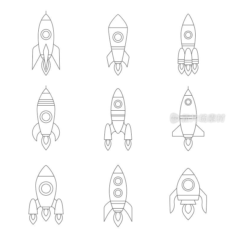 火箭轮廓简单的图标设置。干净的设计。