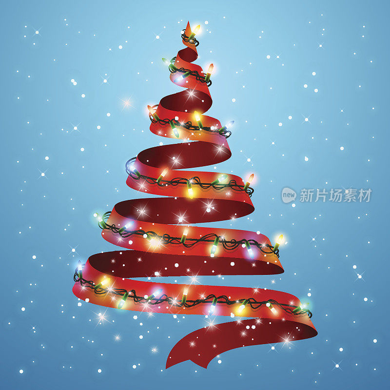 圣诞树彩带的背景。圣诞贺卡设计的发光灯。一张新年和圣诞贺卡或聚会邀请。矢量插图。