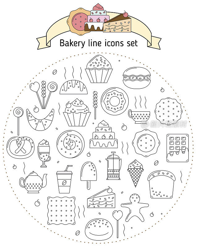 面包店图标在线条艺术风格的网站和手机