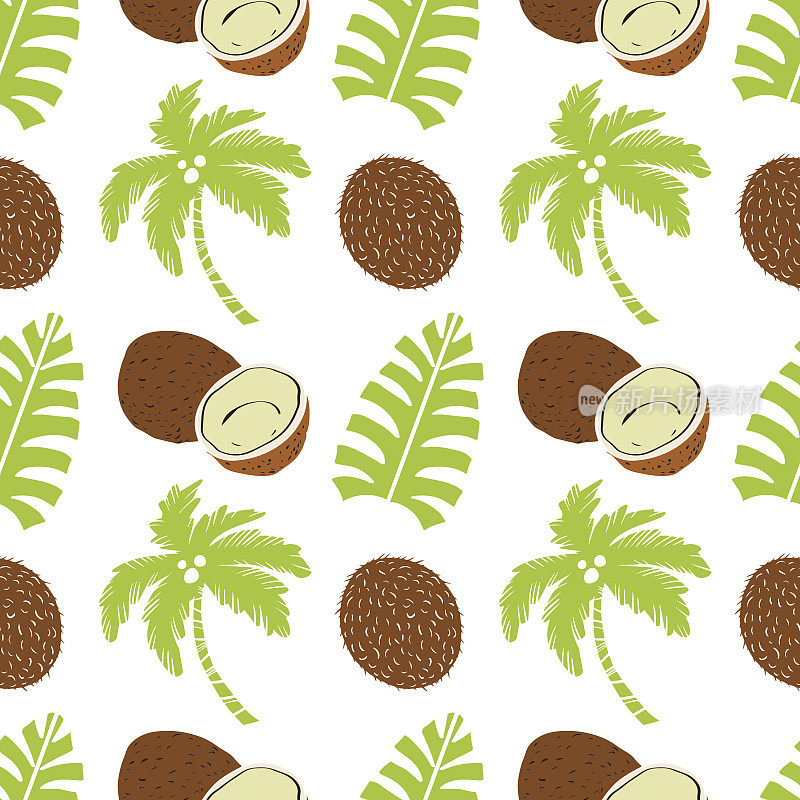 棕榈树，树叶，椰子的无缝图案
