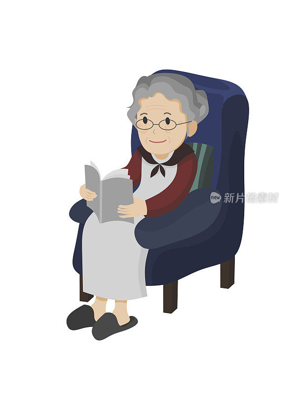一位老妇人坐在沙发上的插图。