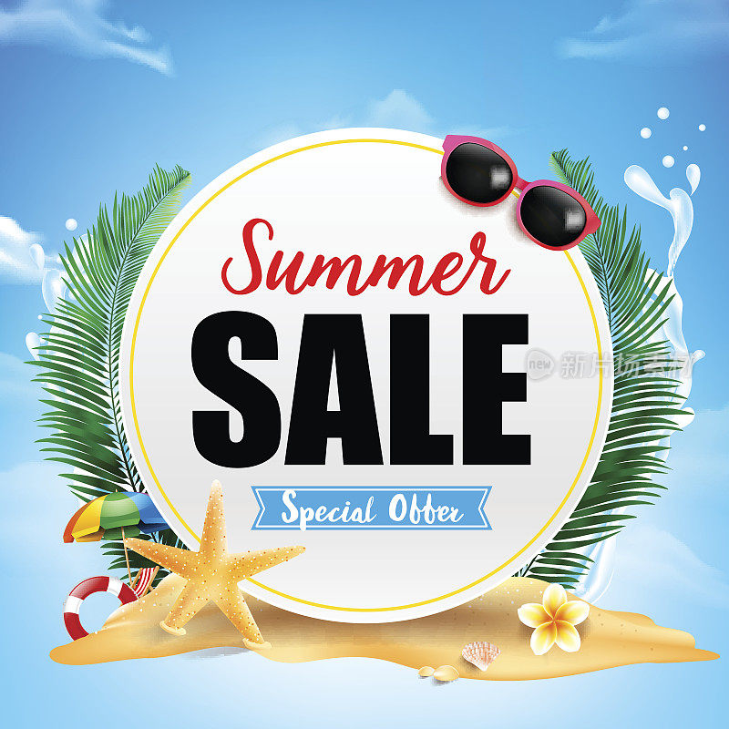 夏季销售在白色圆圈框架与海星花棕榈叶沙与copyspace和夏季海滩元素之上的云和蓝天背景矢量插图
