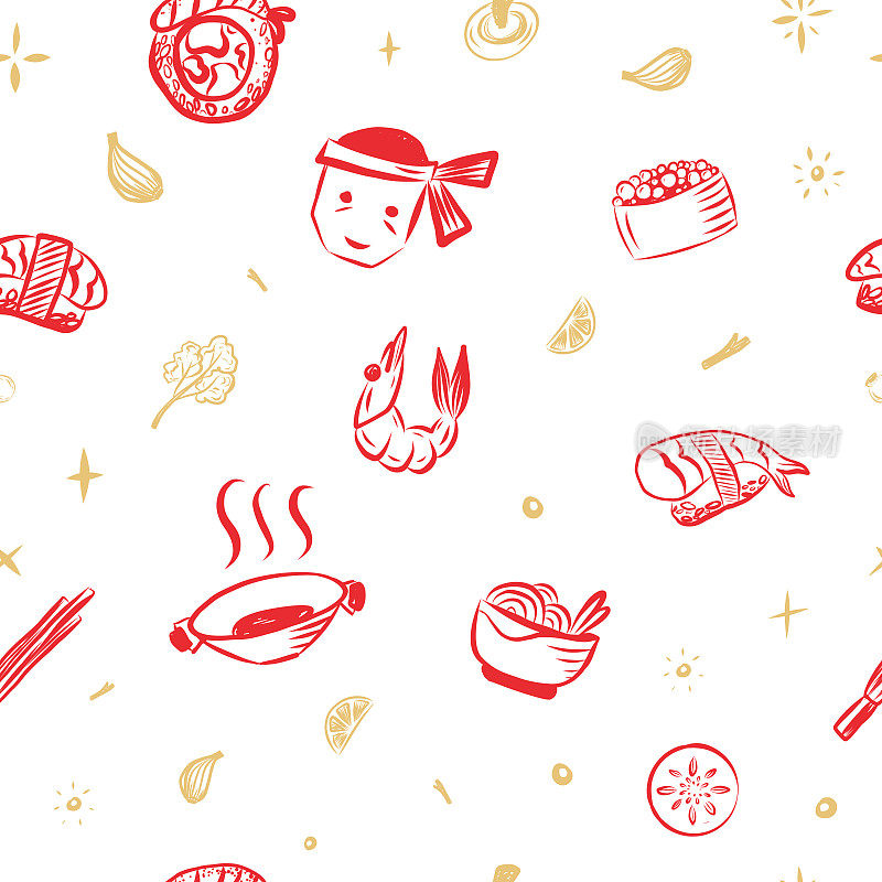 日式寿司搭配虾卷。红色涂鸦素描背景