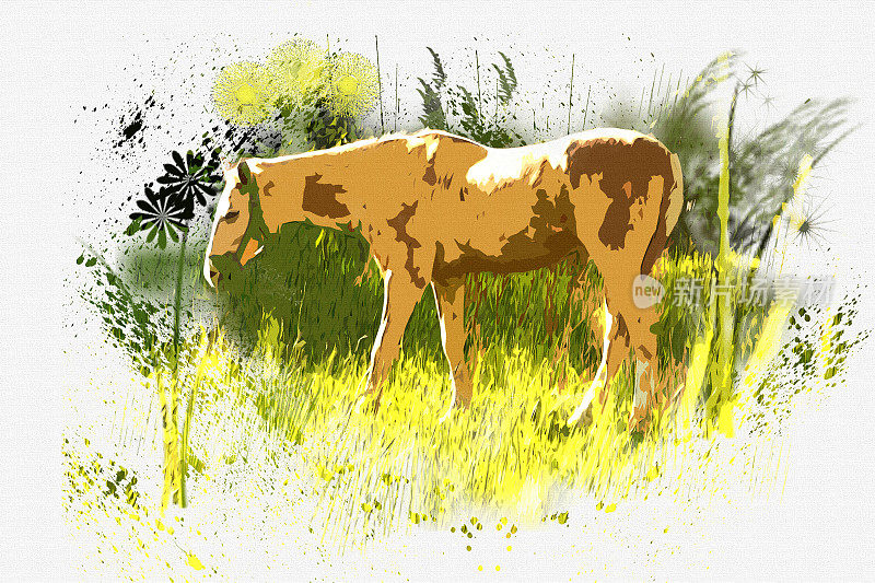 马在草地上吃草。在画布上的水彩风格设计。