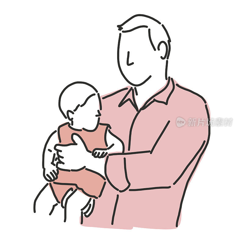 父亲节快乐当爸爸和孩子们在快乐的时光里一起拥抱和微笑，有一个幸福的家庭酷爸爸，线画矢量插画平面设计