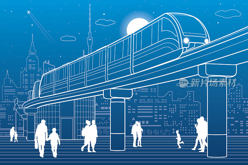 单轨铁路。火车在立交桥上行驶。后面是现代的夜城。未来城市和交通插图。飞机飞行。蓝色背景上的白线，矢量设计艺术
