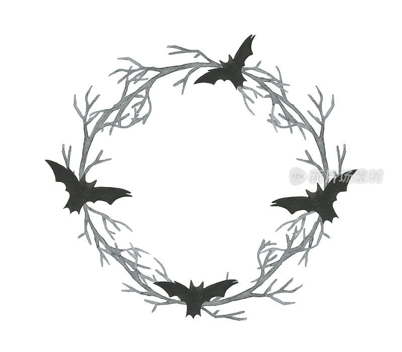 用老树枝和黑蝙蝠制作的万圣节花环