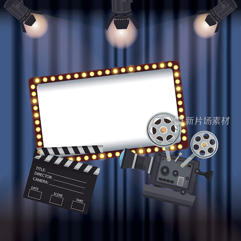 彩色背景舞台电影幕布与聚光灯电影放映机和拍板