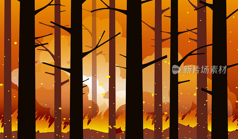 燃烧的森林大火和烧焦的树木的剪影。自然灾害。矢量插图。
