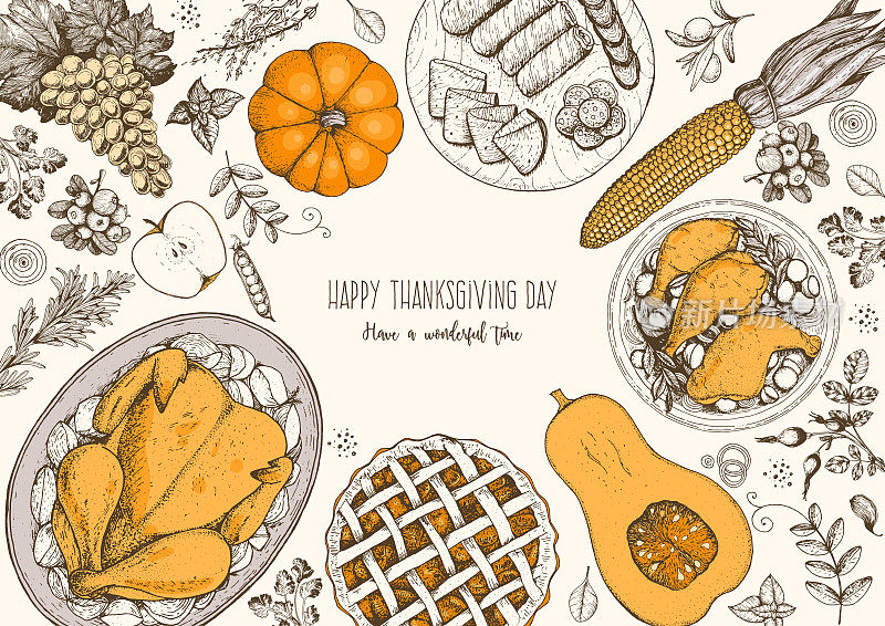 感恩节俯视图矢量插图。食物手绘素描。节日晚餐有火鸡和土豆，苹果派，蔬菜，水果和浆果。秋季粮食草图。雕刻的形象。