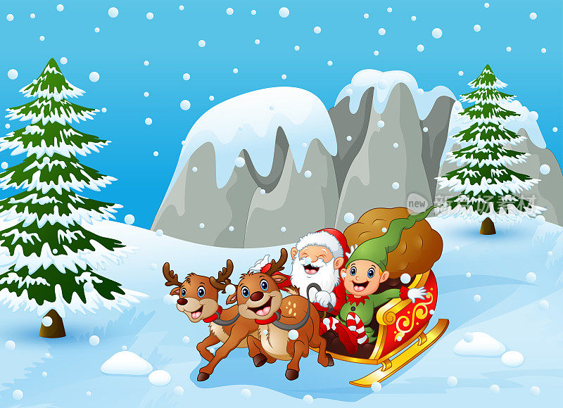 圣诞老人和小精灵在雪山上滑行